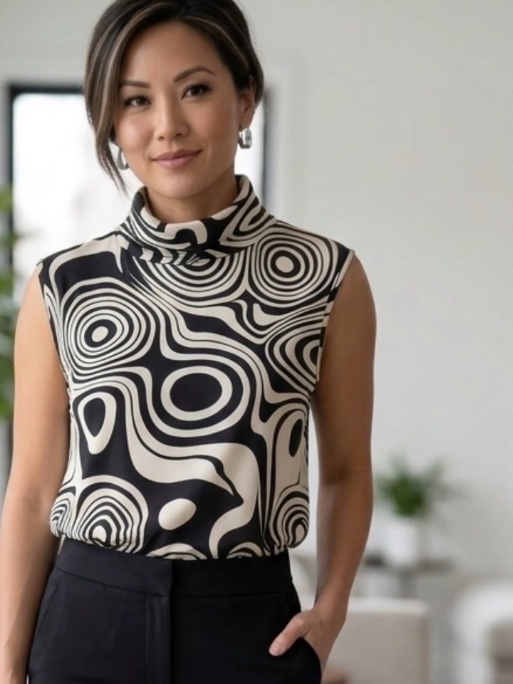 New York & Company Black and Cream Swirl Mock Neck Camisole